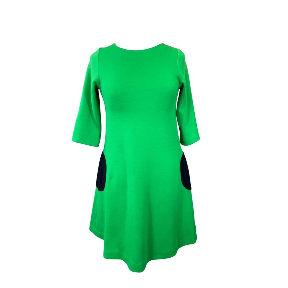 Lisa Perry Elbow Sleeve Scoop Neck Green Ponte Wool Tent Dress Side Pockets 2